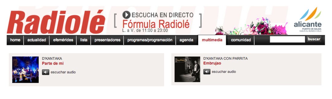 Captura de la web de Radiolé con Parte de mí y Embrujao